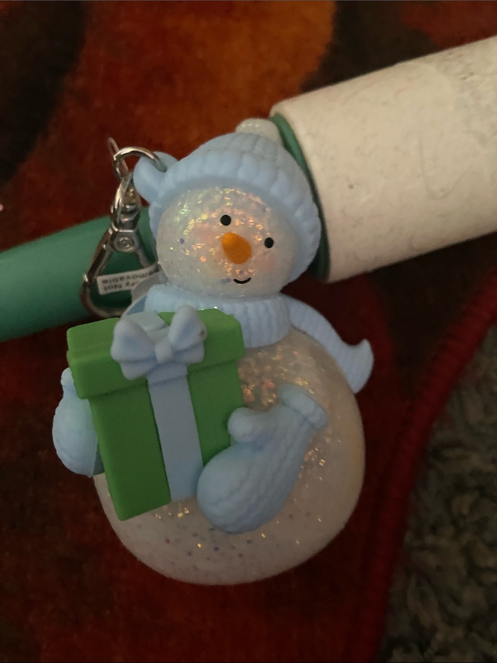 Holiday Snowman Keychain hand sanitizer holder Ornament in Light Blue and Green